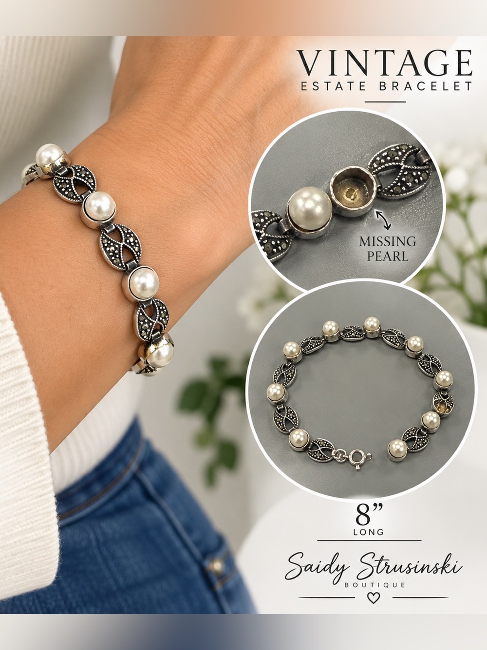 Vintage Estate Faux Pearl Silver Tone ornate marcasite-style Bracelet 8” antique